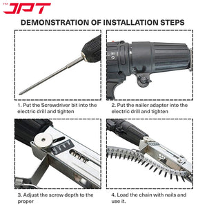 JPT Automatic Chain Nail Gun Adapter – Collated Screw Autofeed Nailing Head for Electric Drill, Heavy-Duty Drywall & Woodworking Nail Gun Attachment with 50-Piece Chain Nails