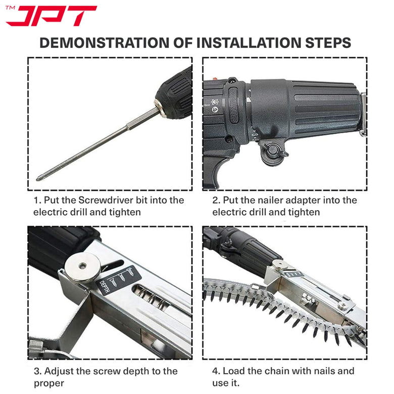 JPT Automatic Chain Nail Gun Adapter – Collated Screw Autofeed Nailing Head for Electric Drill, Heavy-Duty Drywall & Woodworking Nail Gun Attachment with 50-Piece Chain Nails