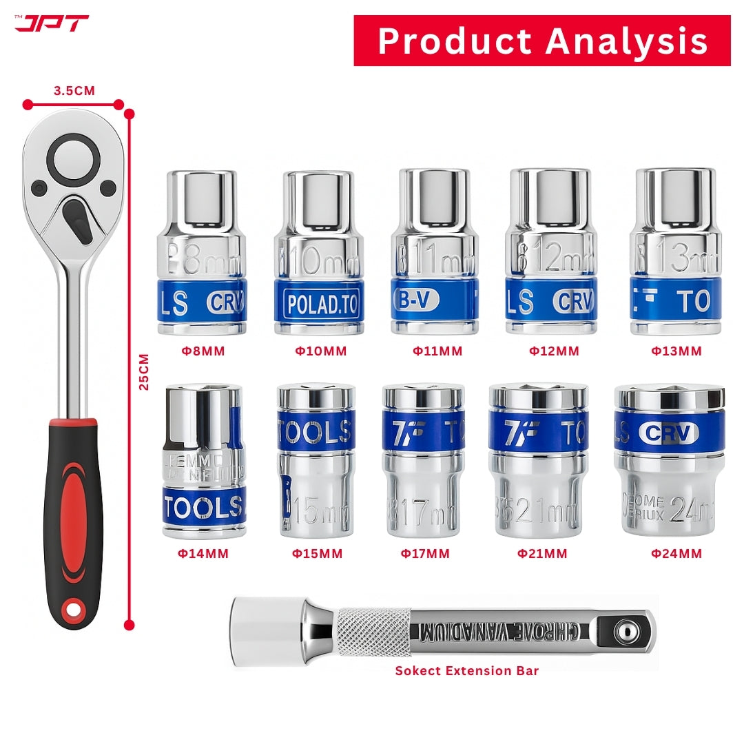 Buy JPT 12-in-1 ratchet spanner socket set for home, car, bike, cycle, automotive repairing at the best price in India. Buy best hand tools from JPT Tools.