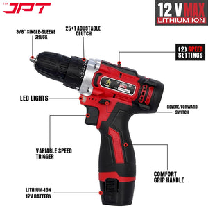 JPT Heavy-Duty 12V Pro Series Cordless Drill Machine | 45N.M. Torque | 1950 RPM Speed | 25+1 Torque Setting | 2 Speed Modes | 3/8