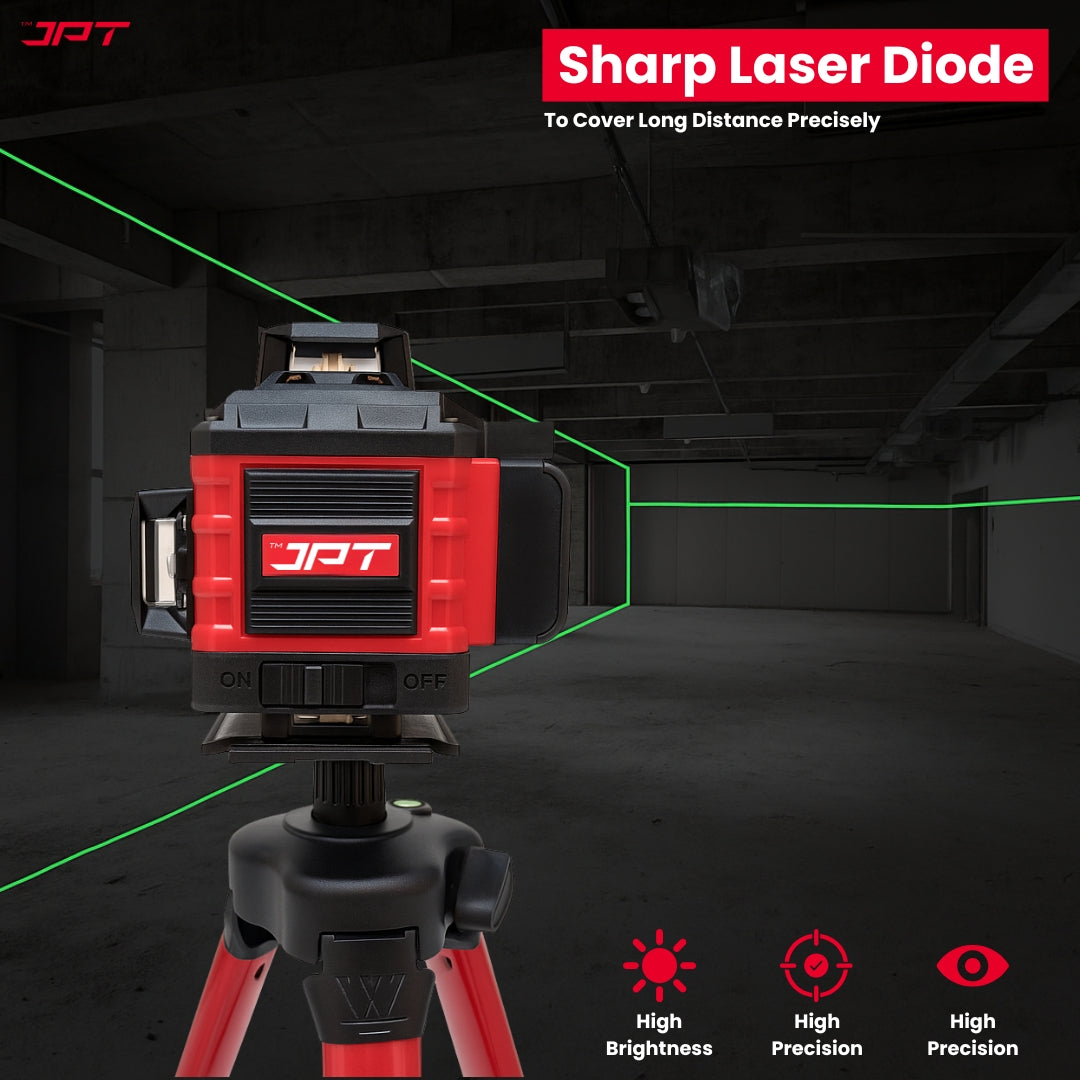 JPT Heavy-Duty 4D 16x Laser Level Machine | 4 x 360° Green Cross Line Laser Level | Adjustable Brightness & Remote Control | 4D Vertical/ Horizontal Line for Construction, Renovation, Floor Tiling, ETC
