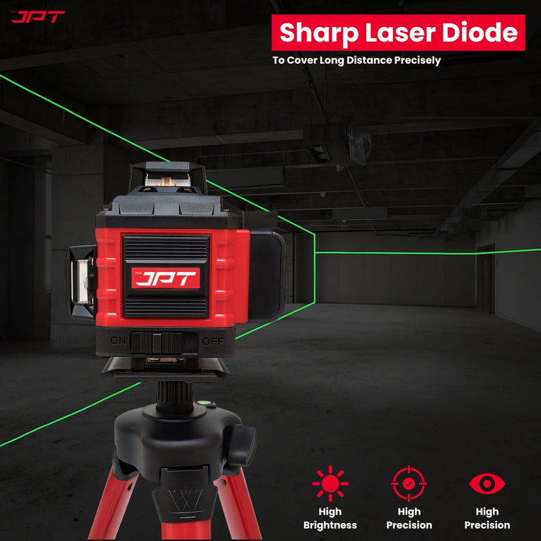JPT Heavy-Duty 4D 16x Laser Level Machine | 4 x 360° Green Cross Line Laser Level | Adjustable Brightness & Remote Control | 4D Vertical/ Horizontal Line for Construction, Renovation, Floor Tiling, ETC