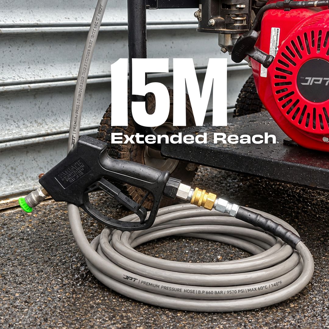 JPT 15Mtr Ultra Heavy Duty Commercial Pressure Washer Hose, 3/8" QC System| 660 Bar Burst Pressure • PVC + PE Reinforced Braid • Kink-Resistant • Commercial Grade • Commercial Replacement Hose Pipe
