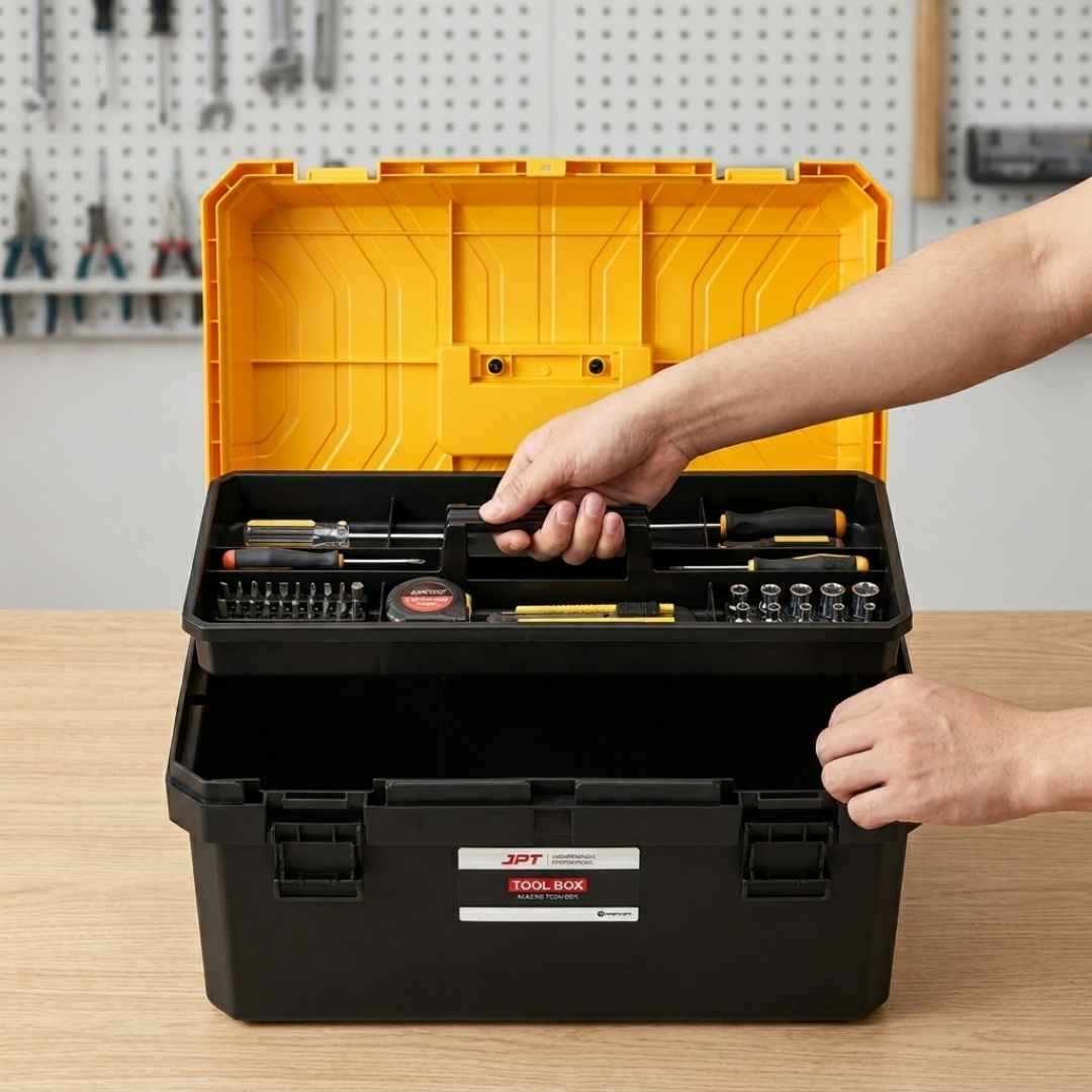 JPT 21-Inch Industrial-Grade Heavy-Duty Tool Box | Two Transparent Lids & One Removable Tray | Secure Tight Latch with Padlock Eye | Best for Electricians, Carpenters, Automobile Use & More