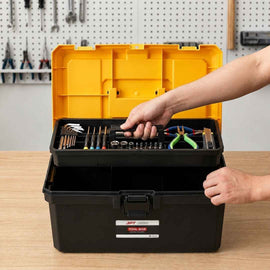 Eye pack lock and latch closure on JPT 21 inch yellow tool box for secure tool storage