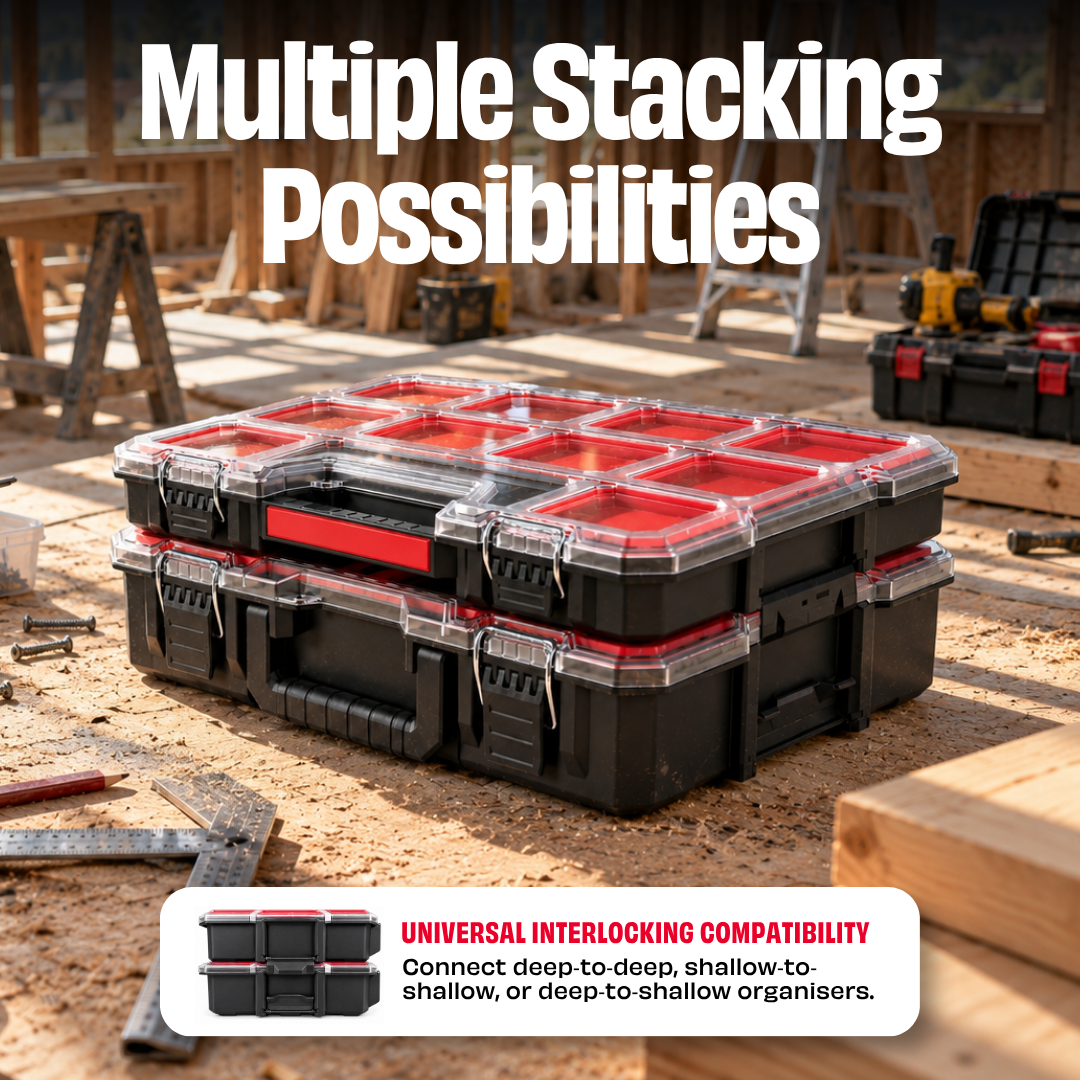 JPT Shallow Tool Organizer Box with 8 Removable Containers and Dividers, Heavy-Duty Storage Case with Transparent Lid for Tools, Hardware, Screws, and Small Items