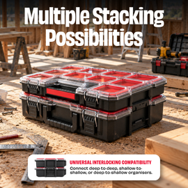 JPT Shallow Tool Organizer Box with 8 Removable Containers and Dividers, Heavy-Duty Storage Case with Transparent Lid for Tools, Hardware, Screws, and Small Items