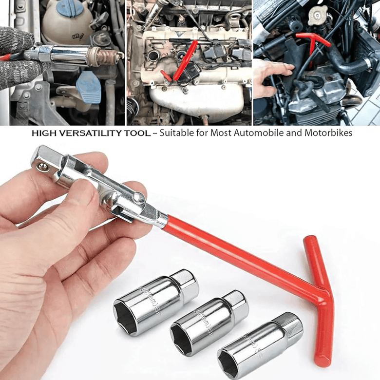 JPT 16/18/21mm Universal Spark Plug Socket Wrench Set, 4-Piece with T-Handle, 360-Degree Rotation for Easy Spark Plug Removal