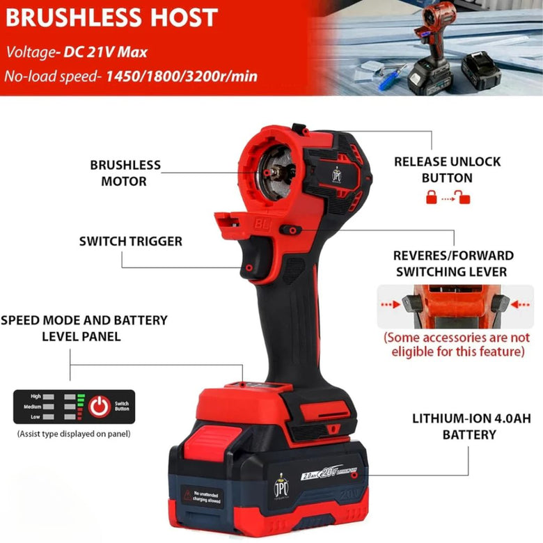 JPT Heavy Duty Brushless 3-In-1 Cordless Power Tool Set | 3-Speed Power Unit with Impact Wrench, Impact Drill, and Rotary Hammer Attachment