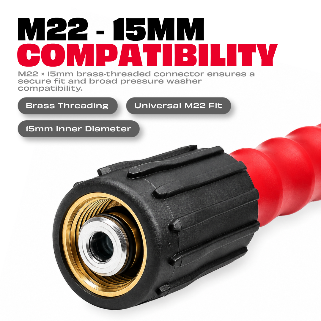 JPT Ultra Heavy-Duty 15MTR Flexible High Pressure Washer Hose Pipe | Standard M22 x 15MM Thread | Up To 450Bar / 6525PSI | PVC + PE Layers Build | Tangle & Kink Free Design