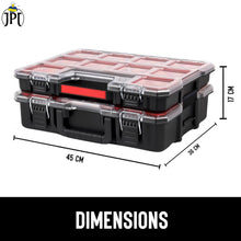 JPT Combo Deep and Shallow Tool Organizer Set with 10 & 8 Removable Bins, Adjustable Dividers, Heavy-Duty Storage Boxes with Transparent Lids for Tools, Hardware, Screws, and Small Parts