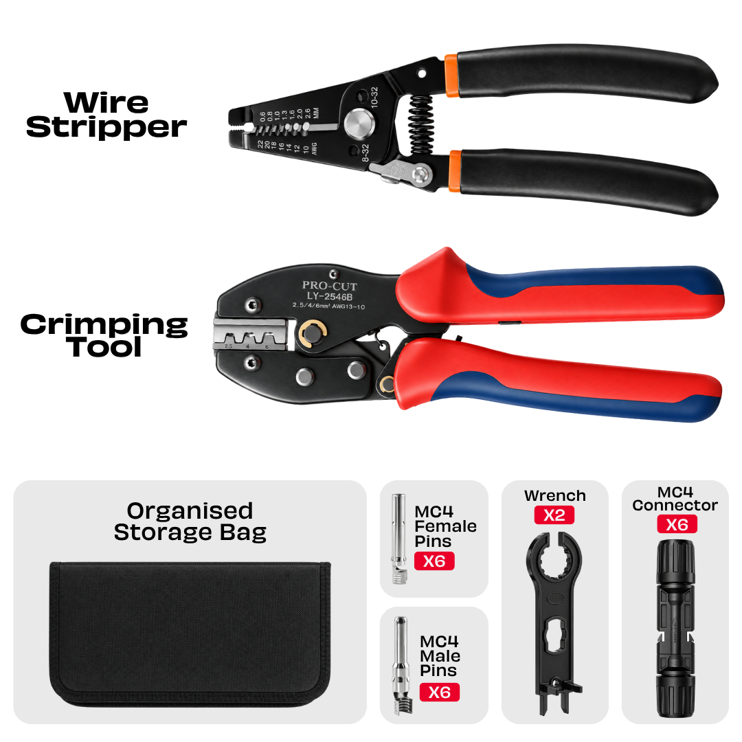 JPT MC4 Solar Crimping Tool Kit, 2.5/4/6mm², 10-32 AWG, Wire Stripper | 2.5/4/6mm² Crimping • 10-32 AWG Stripping • 6 MC4 Connectors • 12 MC4 Pins • 2 Wrenches • Storage Bag