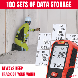 Buy JPT 50M Digital Laser Distance Meter with distance, area, volume & indirect height calculation — ideal for site engineers, contractors & interior projects.