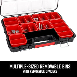 JPT Shallow Tool Organizer Box with 8 Removable Containers and Dividers, Heavy-Duty Storage Case with Transparent Lid for Tools, Hardware, Screws, and Small Items