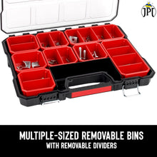 JPT Shallow Tool Organizer Box with 8 Removable Containers and Dividers, Heavy-Duty Storage Case with Transparent Lid for Tools, Hardware, Screws, and Small Items