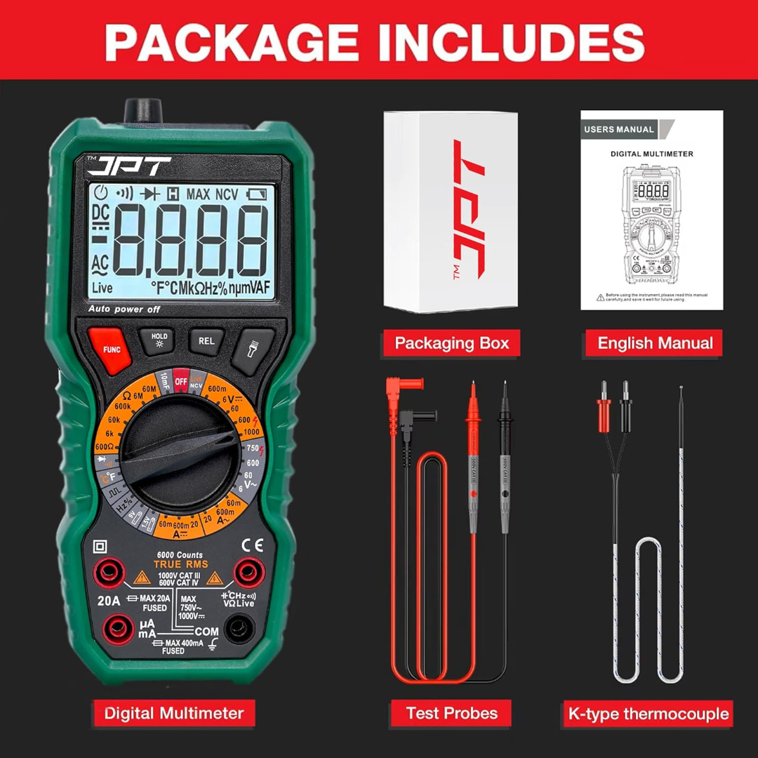 JPT Pro Series Digital Multimeter True RMS 1000V AC/DC | 6000 Counts Auto-Ranging Voltmeter | NCV, Frequency, Ohm, Diode, Continuity Tester | Best for Technicians, Electrician, And More
