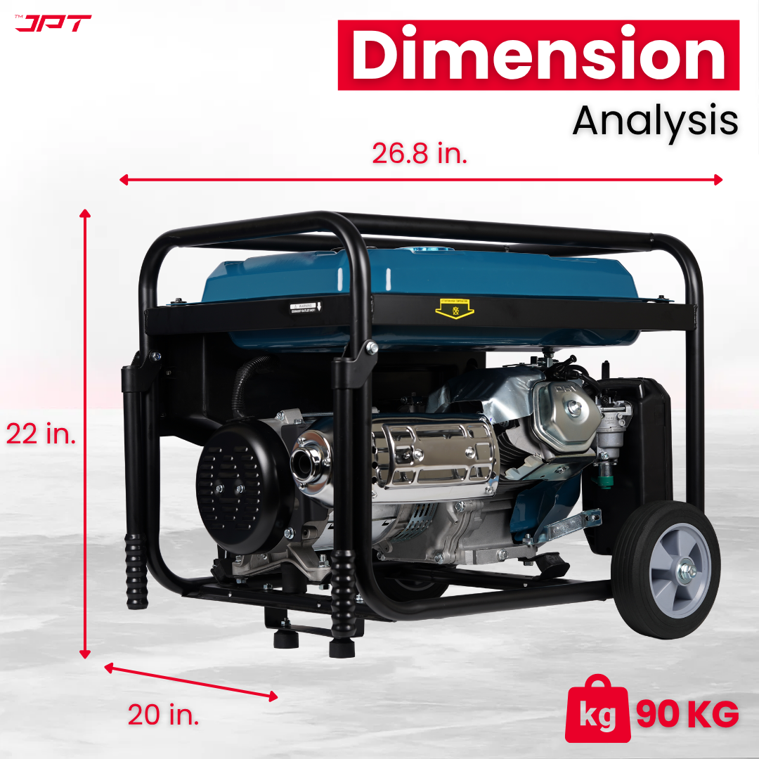 Buy JPT heavy-duty 5.5kw petrol generator, featuring single phase 4-stroke engine, push-button & recoil start, 220v/50hz ac + 12v dc, 25l fuel tank and more.