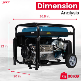 Buy JPT heavy-duty 5.5kw petrol generator, featuring single phase 4-stroke engine, push-button & recoil start, 220v/50hz ac + 12v dc, 25l fuel tank and more.