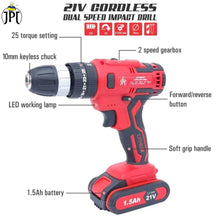 JPT Heavy Duty 21-volt Impact Cordless Drill Machine | 28 Nm Torque | 1350 RPM Speed | 3/8-Inch Keyless Chuck | 25+3 Setting Modes | 2 Speed Modes | 2000mAh Battery | Fast Charger ( RENEWED )