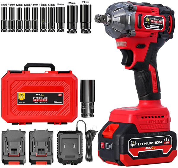 JPT Combo Pro Series Brushless 21v Cordless Impact Wrench with 10-Piece Impact Socket Set | 350N.M Torque | 0-3450RPM Speed | 4000mAh Battery | All Accessories Included | 12-Months Warranty