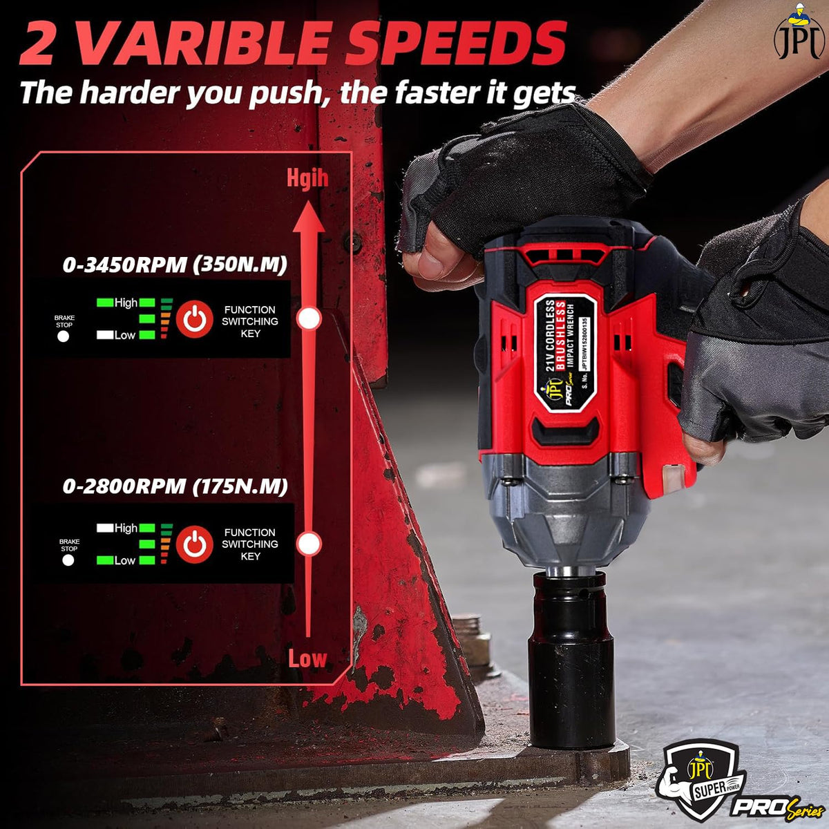 JPT Combo Pro Series Brushless 21v Cordless Impact Wrench with 10-Piece Impact Socket Set | 350N.M Torque | 0-3450RPM Speed | 4000mAh Battery | All Accessories Included | 12-Months Warranty