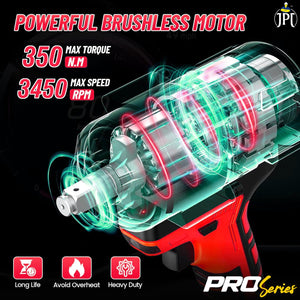 JPT Combo Pro Series Brushless 21v Cordless Impact Wrench with 10-Piece Impact Socket Set | 350N.M Torque | 0-3450RPM Speed | 4000mAh Battery | All Accessories Included | 12-Months Warranty