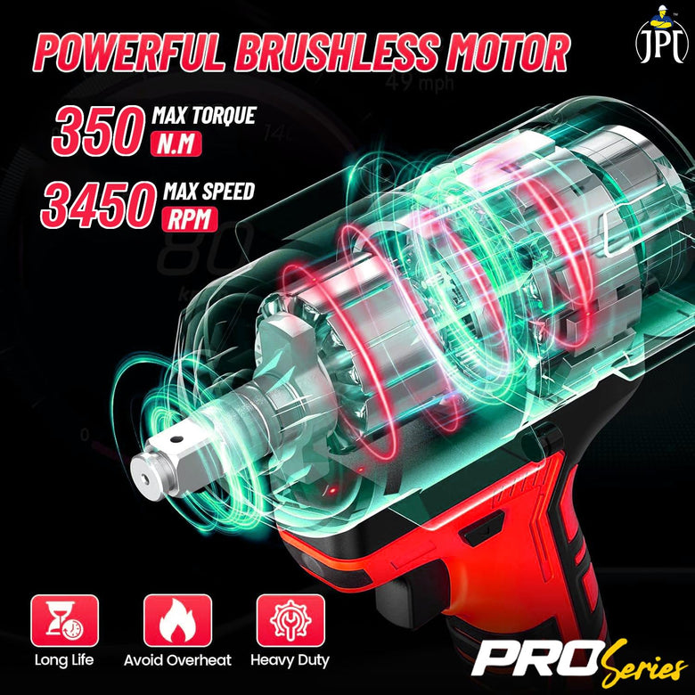 JPT Combo Pro Series Brushless 21v Cordless Impact Wrench with 10-Piece Impact Socket Set | 350N.M Torque | 0-3450RPM Speed | 4000mAh Battery | All Accessories Included | 12-Months Warranty