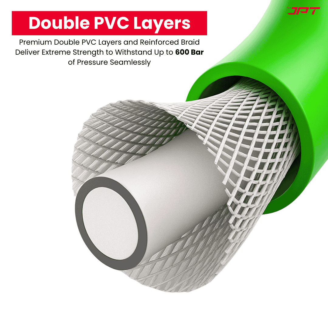 Buy JPT ultra heavy-duty 15mtr high pressure washer hose pipe, featuring brass german standard m22 x 15mm, 600 bar bursting, kink & leak free design, and more.
