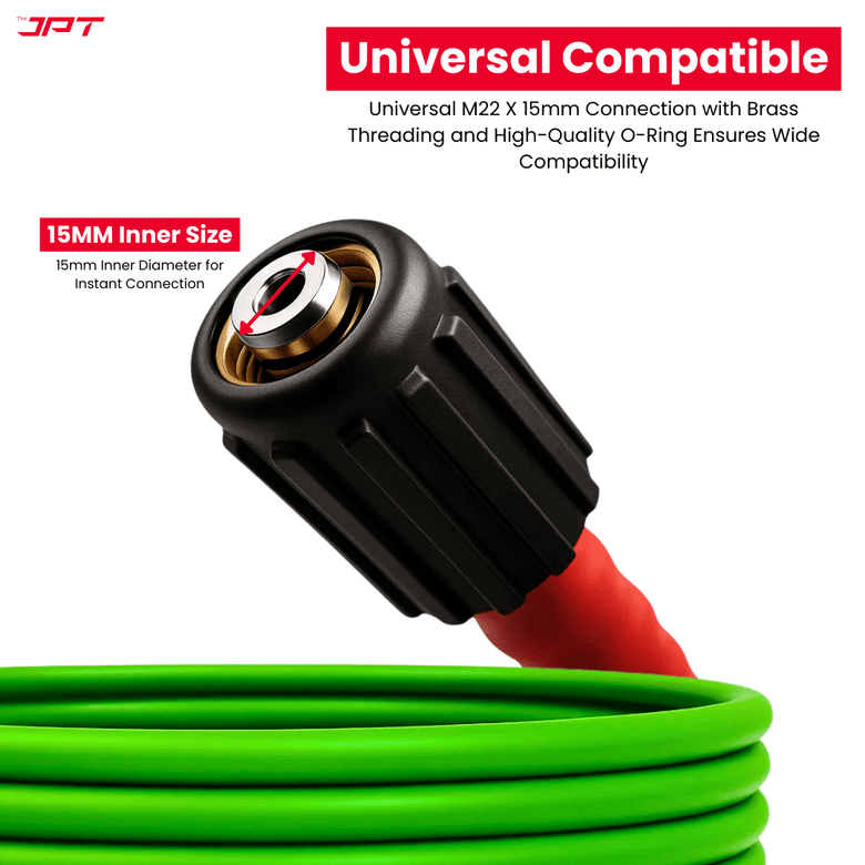 JPT Ultra Heavy-Duty 15MTR Flexible High Pressure Washer Hose Pipe | German Standard M22 x 15MM Thread | Up To 600Bar / 8700PSI | Double PVC Layers Build | Tangle & Kink Free Design