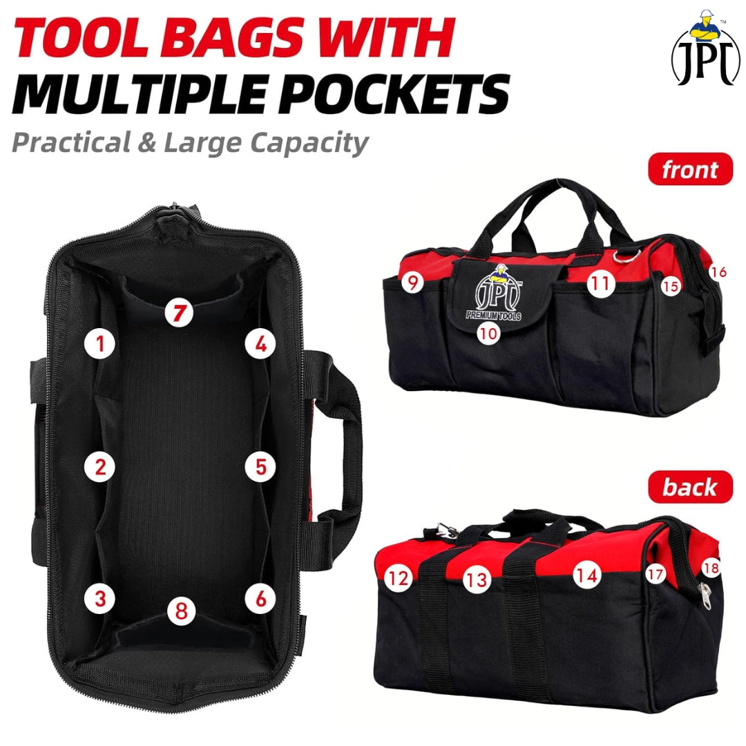 JPT 16-Inch Heavy Duty Waterproof Tool Bag | Oxford Cloth and Fine Stitching Build | Made-In India Bag | Portable Bag for Electrician, Technician, Mechanics, Carpenter, and More