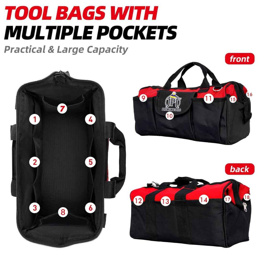 Buy now the JPT 16-inch heavy-duty waterproof tool bag, featuring Oxford cloth build, waterproof design, spacious 18-pockects, secure closure, and more. Buy Now