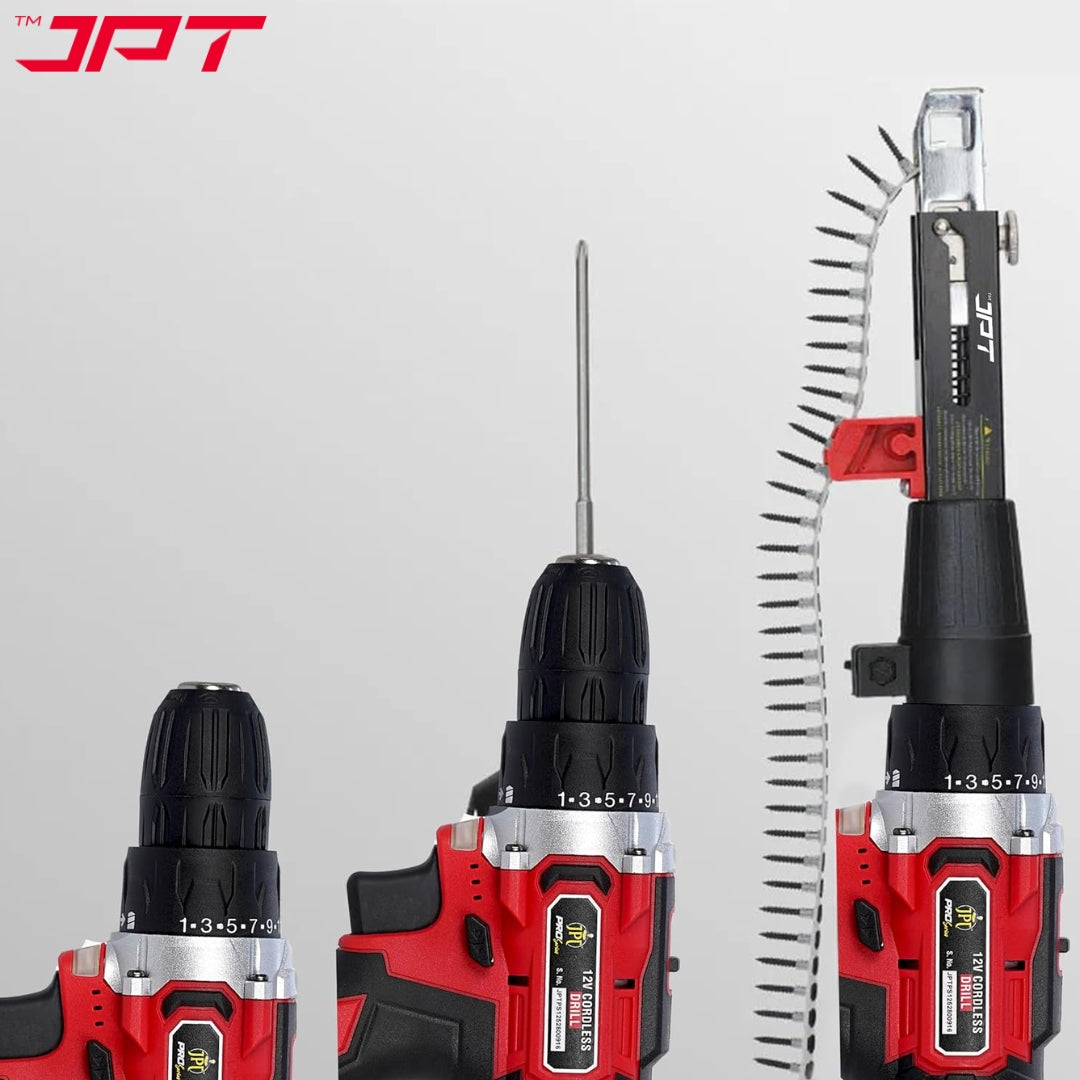 JPT Automatic Chain Nail Gun Adapter – Collated Screw Autofeed Nailing Head for Electric Drill, Heavy-Duty Drywall & Woodworking Nail Gun Attachment with 50-Piece Chain Nails