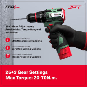 JPT Pro Series 18V Cordless Drill Machine | 70N.M Torque | 0-2150RPM Speed | 25+3 Gears | 2 Speed Modes | 3/8