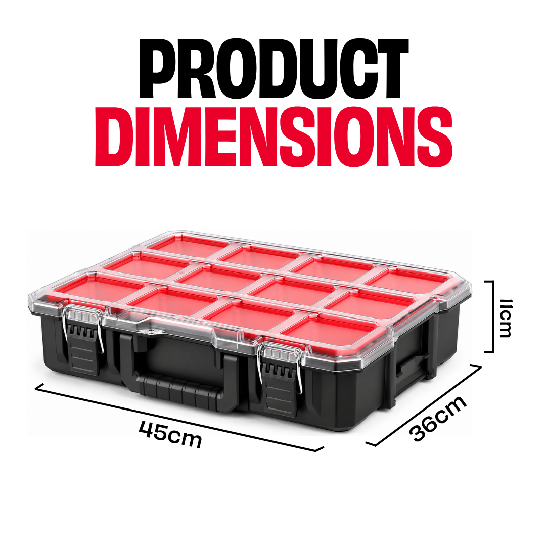 JPT Deep Tool Organiser Box with 10 Removable Bins, Heavy-Duty Storage Case with Transparent Lid for Tools, Hardware, Screws, Nuts, and Small items