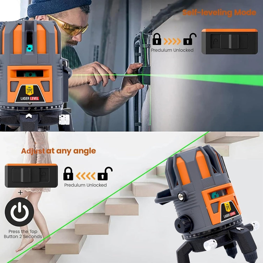 Buy now the JPT 360° 4D self-leveling laser level, featuring 5 green beams, ±3mm accuracy, mini tripod, 10m range, auto-balancing, and more. Buy Now