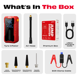 JPT Tools Portable Tyre Inflator & Car Jump Starter | 8000mAh Air Compressor for Cars, Bikes & Bicycles | Quick Inflation | Auto Shut Off | LED Light | Power Bank | EC5 Clamp & Valve Adapters Included
