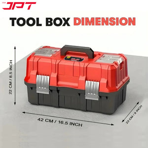 JPT 17-Inch 2-Tiers Heavy-Duty Folding Tool Box | Industrial-Grade Plastic Build | Two Transparent Lids With 2 Tray Compartments | SS Secure Latch with Padlock | Best for Electricians, Carpenters, Automobile