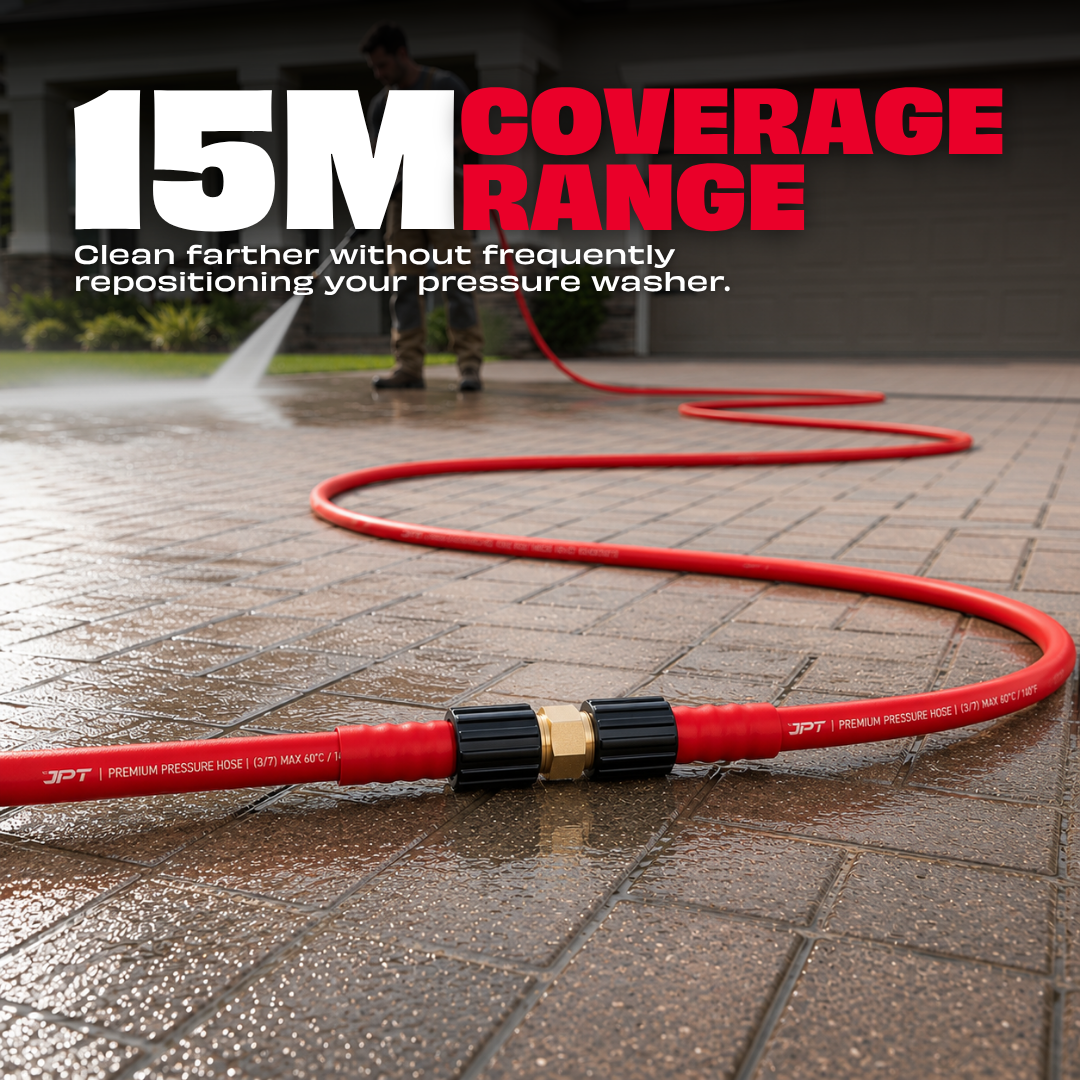 JPT Ultra Heavy-Duty 15MTR Flexible High Pressure Washer Hose Pipe | Standard M22 x 15MM Thread | Up To 450Bar / 6525PSI | PVC + PE Layers Build | Tangle & Kink Free Design