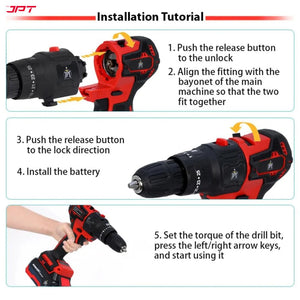 JPT Heavy Duty Brushless 3-In-1 Cordless Power Tool Set | 3-Speed Power Unit with Impact Wrench, Impact Drill, and Rotary Hammer Attachment