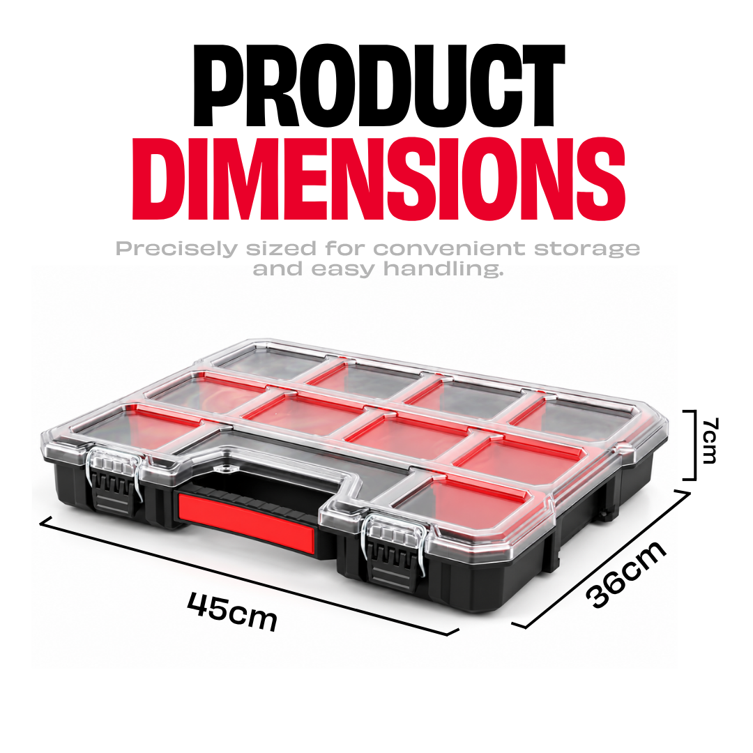 JPT Shallow Tool Organizer Box with 8 Removable Containers and Dividers, Heavy-Duty Storage Case with Transparent Lid for Tools, Hardware, Screws, and Small Items