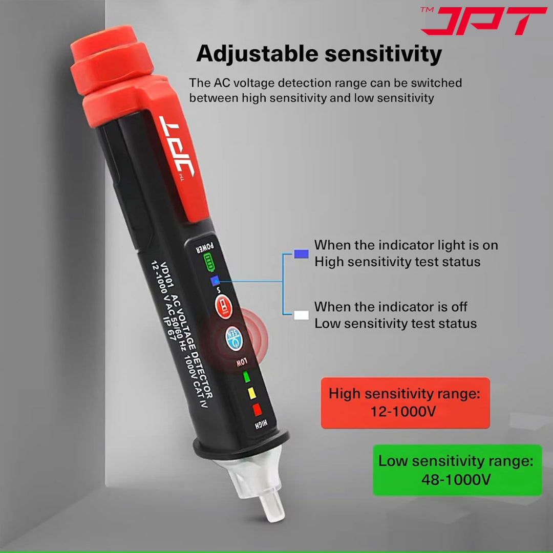 JPT Pro Series Non-Contact Dual Range  (12V-1000V / 48V-1000V) AC Voltage Tester | Tester for Live/Null Wire Detection | Buzzer Alarm & LED Flashlight | Best for Electricians, Technicians, Ad Home Use