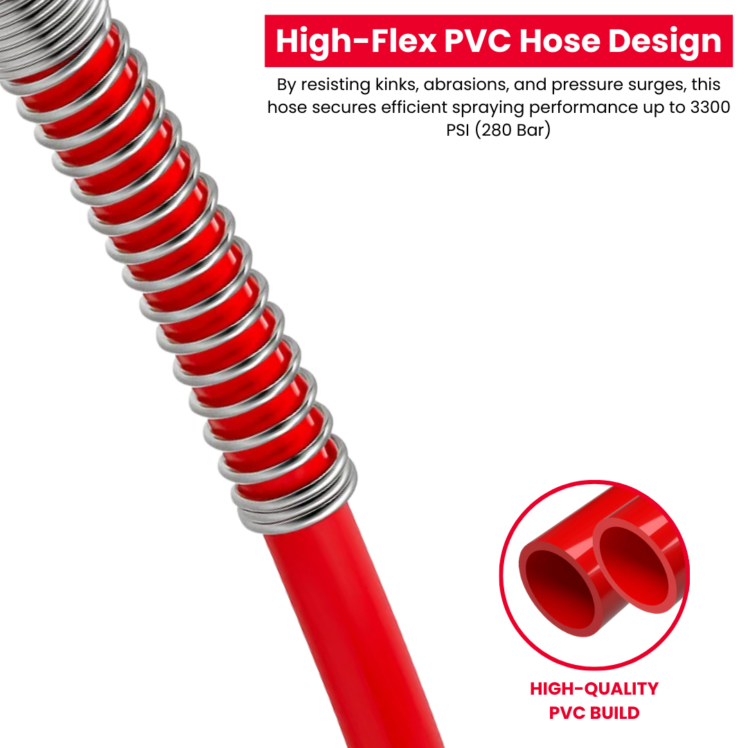 JPT 1/4" 15M Airless Paint Sprayer Hose, High-Flex PVC with Stainless Steel Spring Guard, 3300 PSI (228 Bar) Pressure Handle, SS Threaded Connection for Professional Paint Spray Machines
