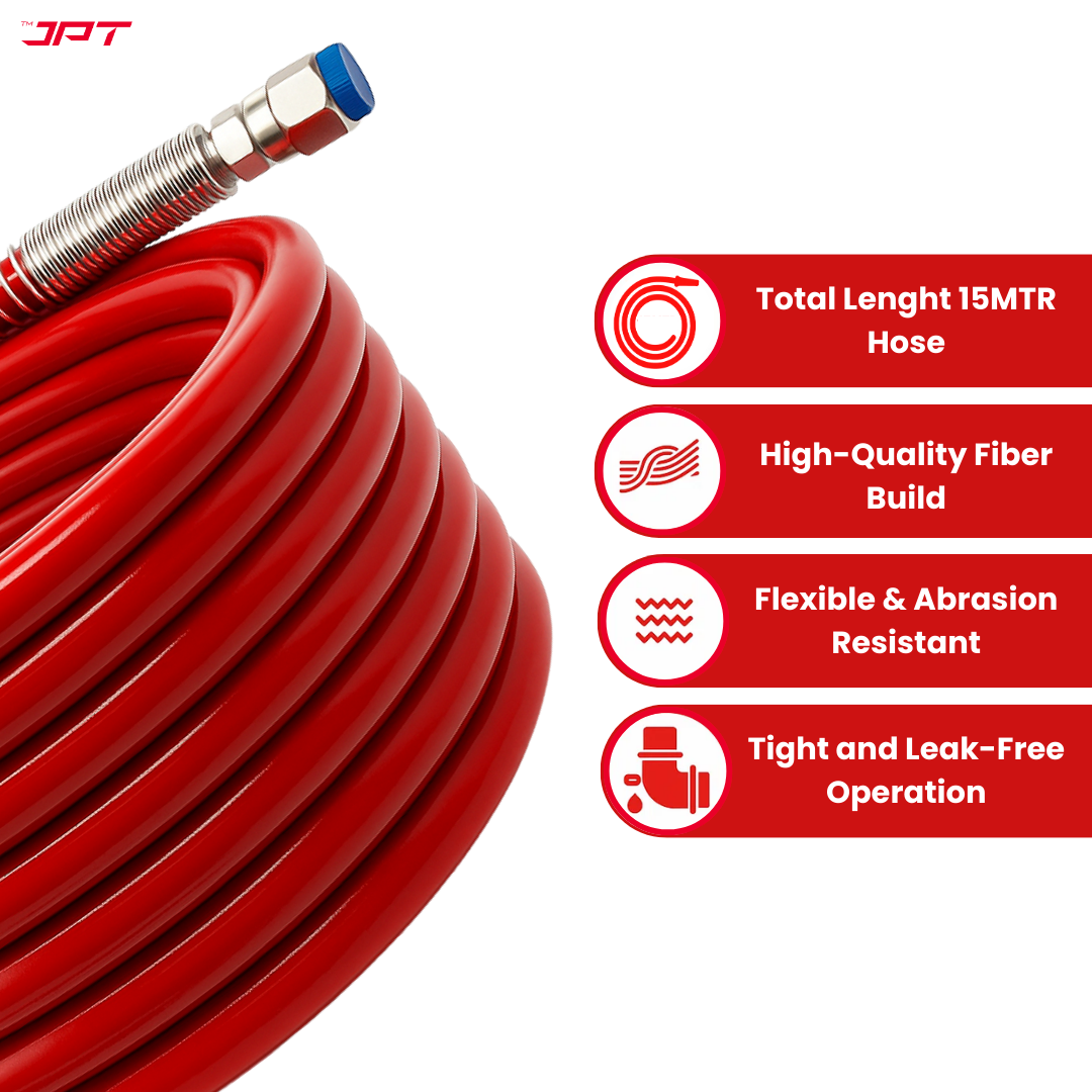 JPT 1/4" 15M Airless Paint Sprayer Hose, High-Flex PVC with Stainless Steel Spring Guard, 3300 PSI (228 Bar) Pressure Handle, SS Threaded Connection for Professional Paint Spray Machines