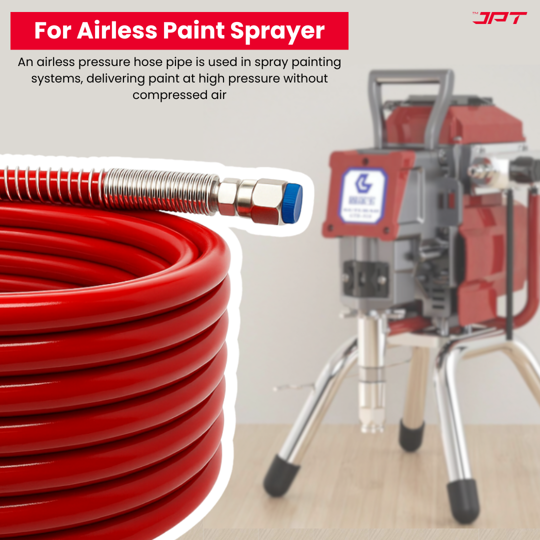 Buy JPT 10mtr airless paint sprayer hose pipe, featuring high-flex PVC build, SS spring guard, 3300 PSI (228 Bar) pressure handle, and much more. Buy Now