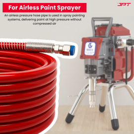 Buy JPT 10mtr airless paint sprayer hose pipe, featuring high-flex PVC build, SS spring guard, 3300 PSI (228 Bar) pressure handle, and much more. Buy Now