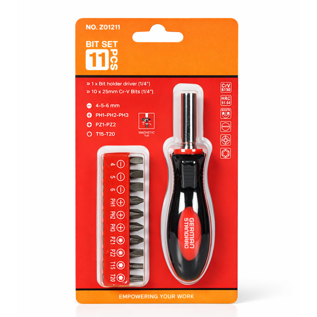 Buy JPT 11 pcs magnetic screwdriver bit set with 1/4 inch holder. Includes Phillips, Flat, Pozidriv & Torx bits. Ideal for electrical, furniture & repair work.