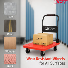 Buy the JPT big folding Hand Trolley for industrial, warehouse, office & home use. This trolley features 400kg loading capacity, 360° swivel wheels, and more.