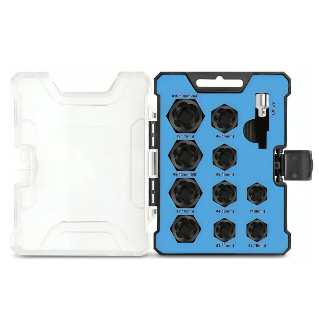 Buy now the JPT 10+1 piece impact nut & bolt extractor set with 3/8" drive hex adapter, to take out the most damaged, frozen, rusted, rounded-off bolt easily.