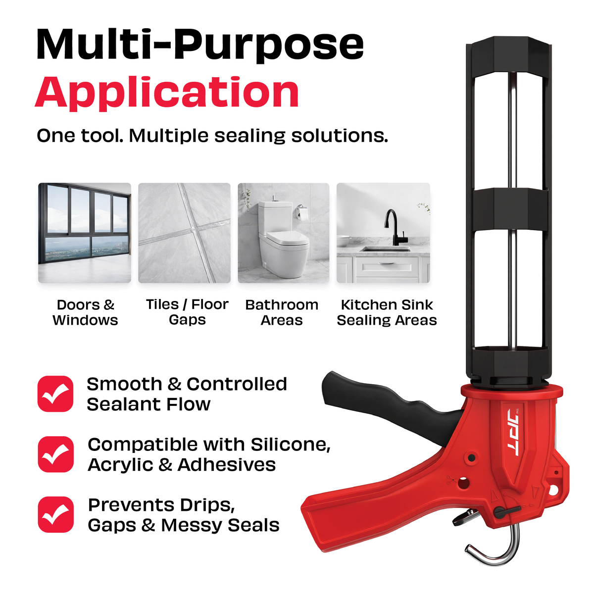 JPT Pro Series Ultra Heavy-Duty Silicone Gun | Industrial Grade ABS Frame | With Built-in Nozzle Cutter and Puncture Tool | For Construction & Industrial Works