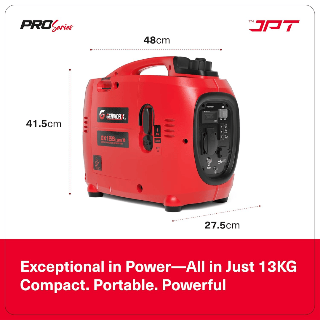 Buy JPT GX12iS 1.2kVA portable electric generator for camping, outdoor & home use. Get 53.2cc 4-stroke engine, 3l fuel tank, 4.2 hrs runtime & much more features